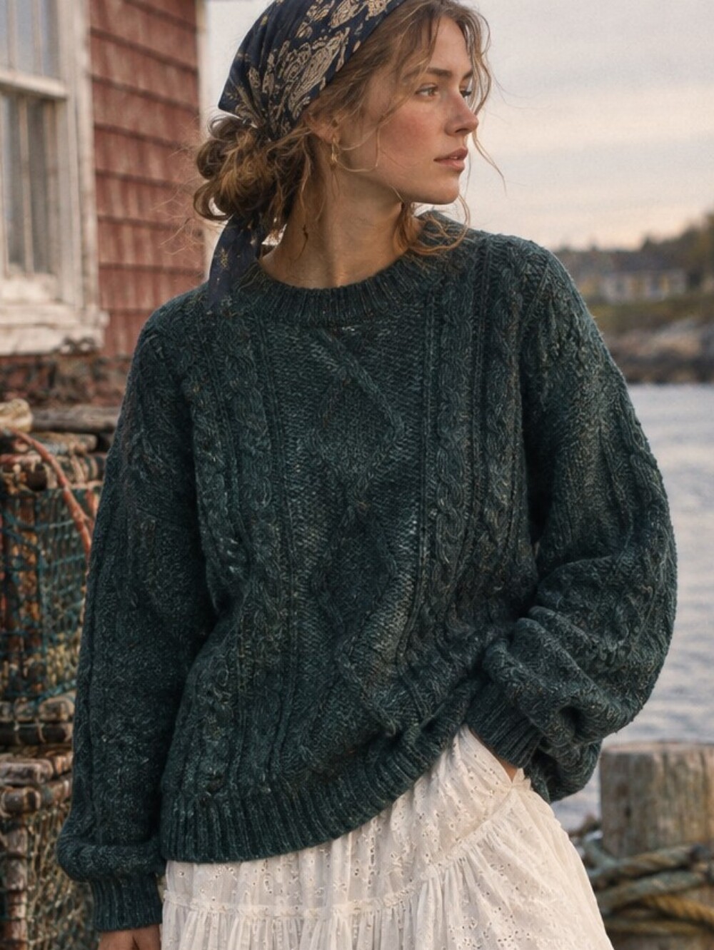 VTG Cabela's Sweater Women's 100% Wool Cable Knit Fisherman Oversized Green